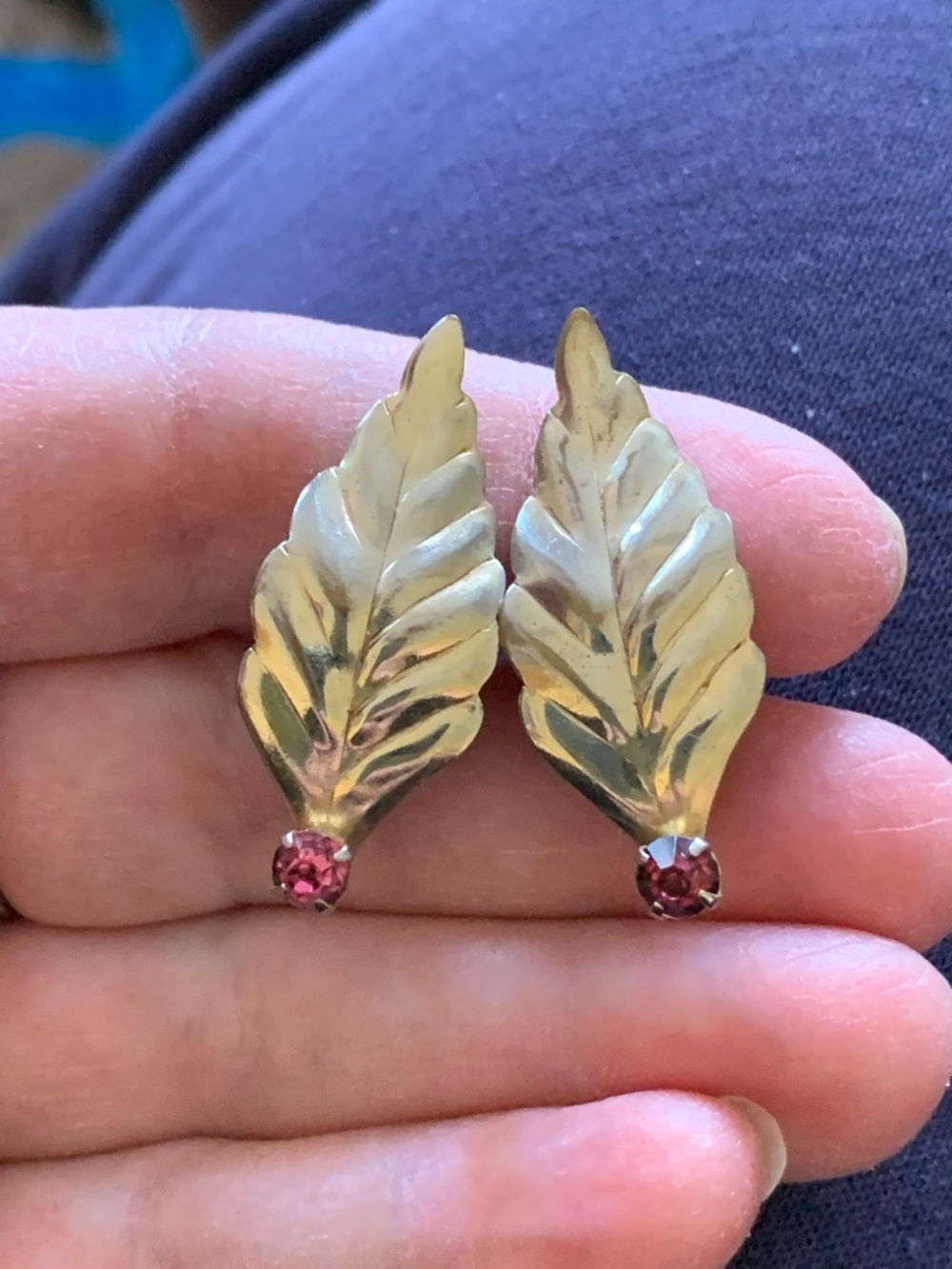 Vintage Gold Leaf Earrings with Pink Stone Accent